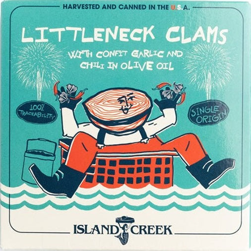 Island Creek Littleneck Clams with Confit Garlic and Chili in Olive Oil product packaging